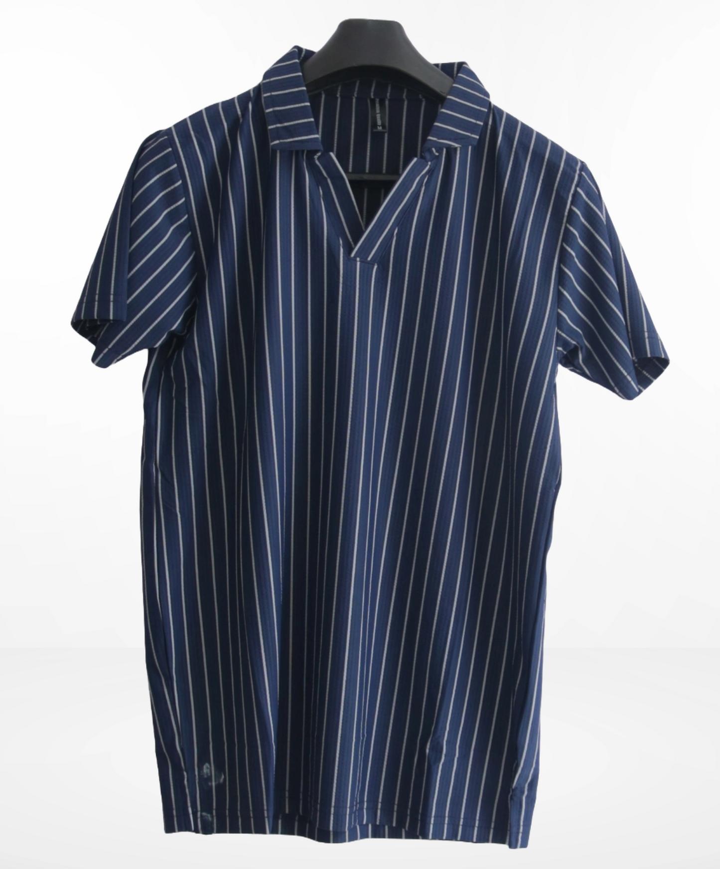 striped polo shirt with a V-neck style collar