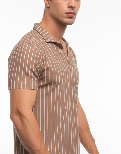 striped polo shirt with a V-neck style collar