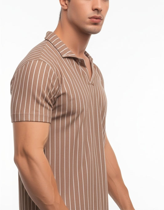 striped polo shirt with a V-neck style collar