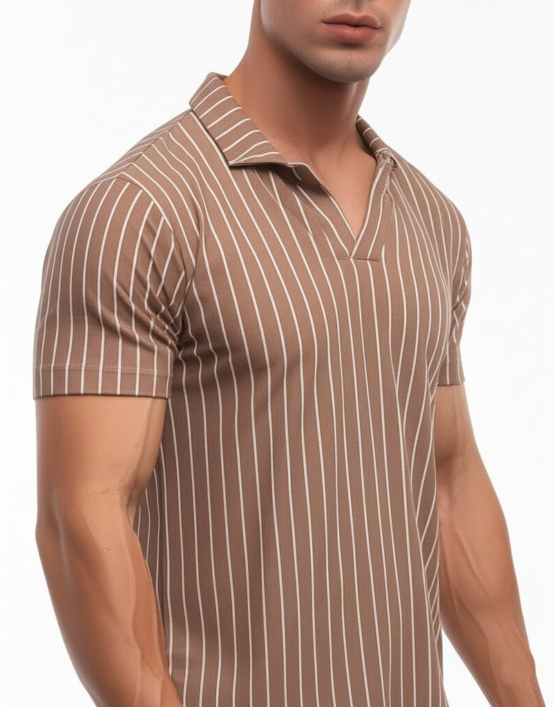 striped polo shirt with a V-neck style collar