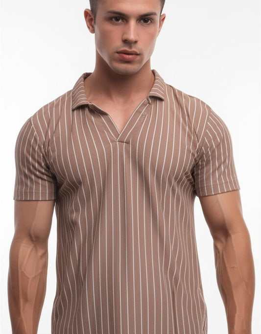 striped polo shirt with a V-neck style collar