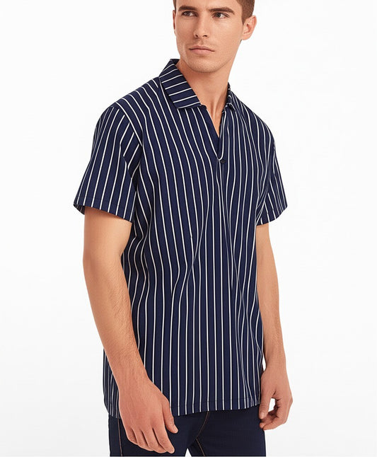 striped polo shirt with a V-neck style collar