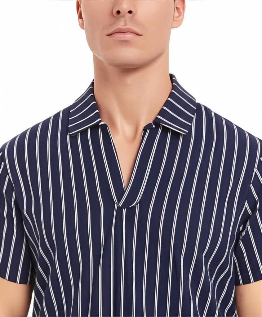 striped polo shirt with a V-neck style collar