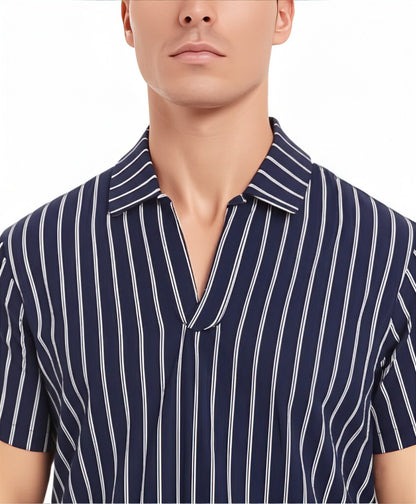 striped polo shirt with a V-neck style collar