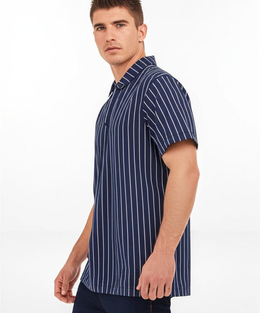 striped polo shirt with a V-neck style collar