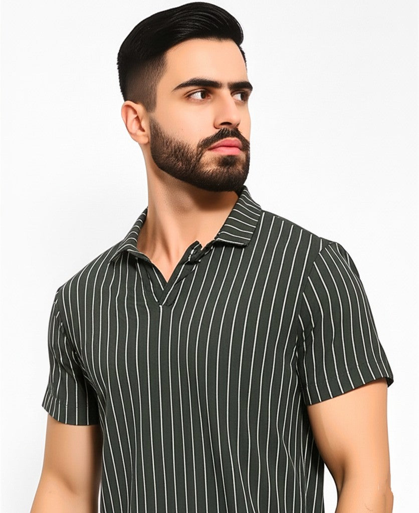 striped polo shirt with a V-neck style collar