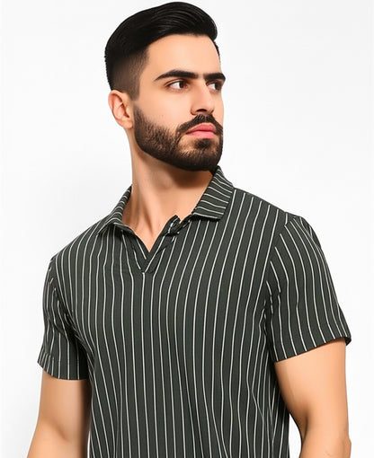 striped polo shirt with a V-neck style collar