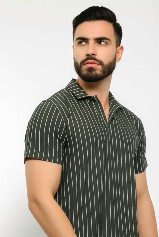 striped polo shirt with a V-neck style collar