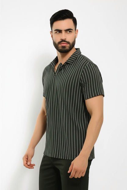 striped polo shirt with a V-neck style collar