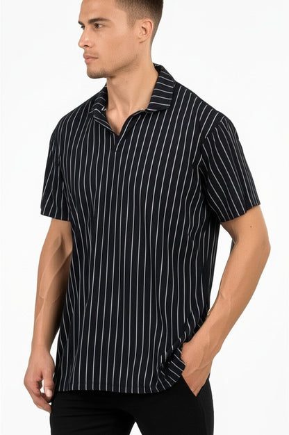 striped polo shirt with a V-neck style collar