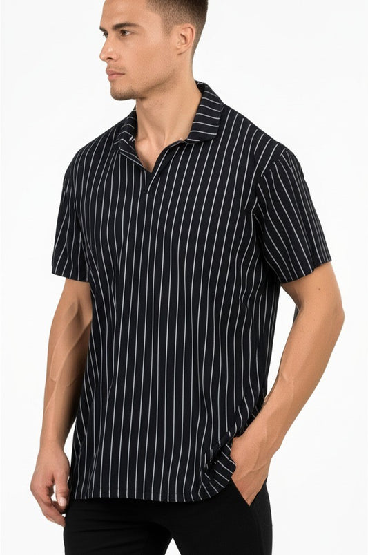 striped polo shirt with a V-neck style collar