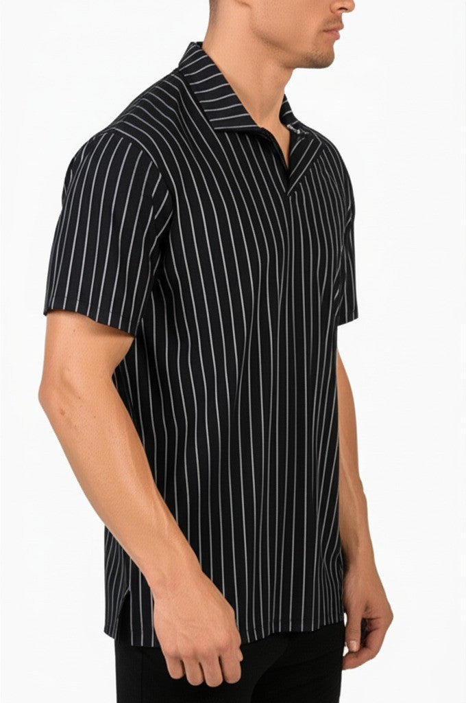 striped polo shirt with a V-neck style collar