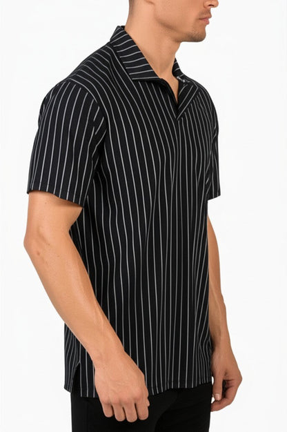 striped polo shirt with a V-neck style collar