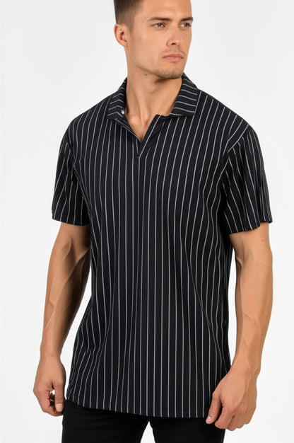striped polo shirt with a V-neck style collar