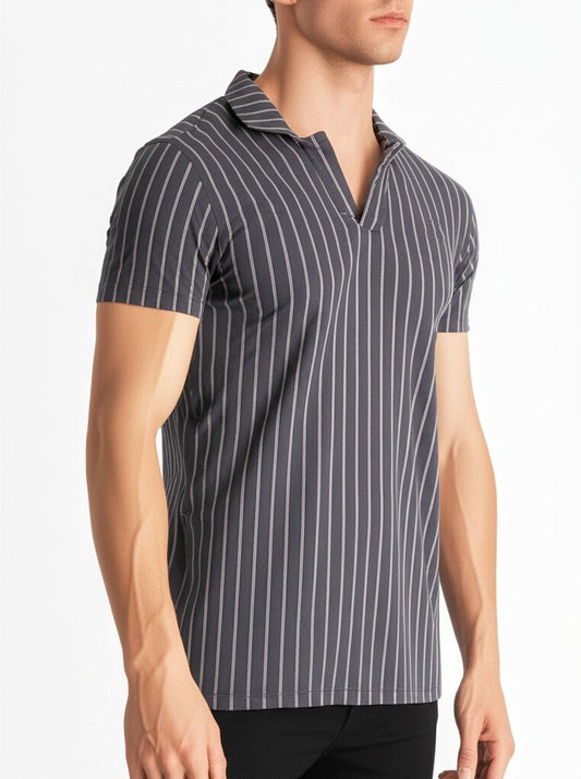 striped polo shirt with a V-neck style collar