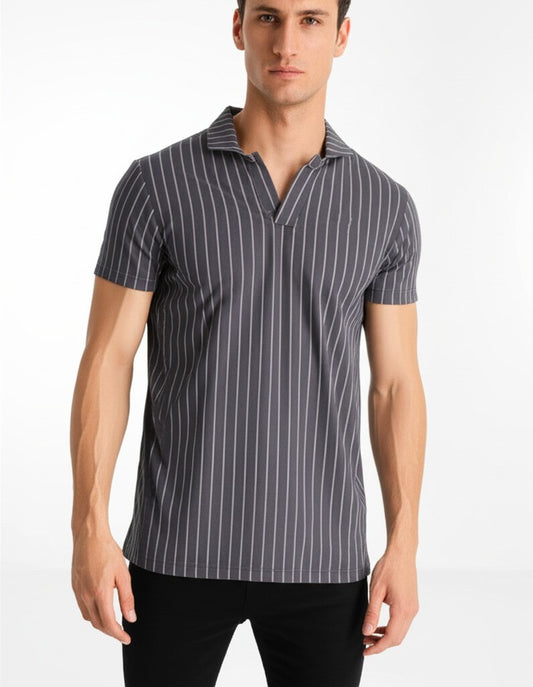 striped polo shirt with a V-neck style collar