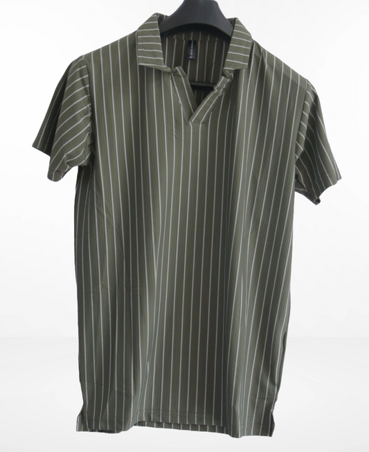 striped polo shirt with a V-neck style collar