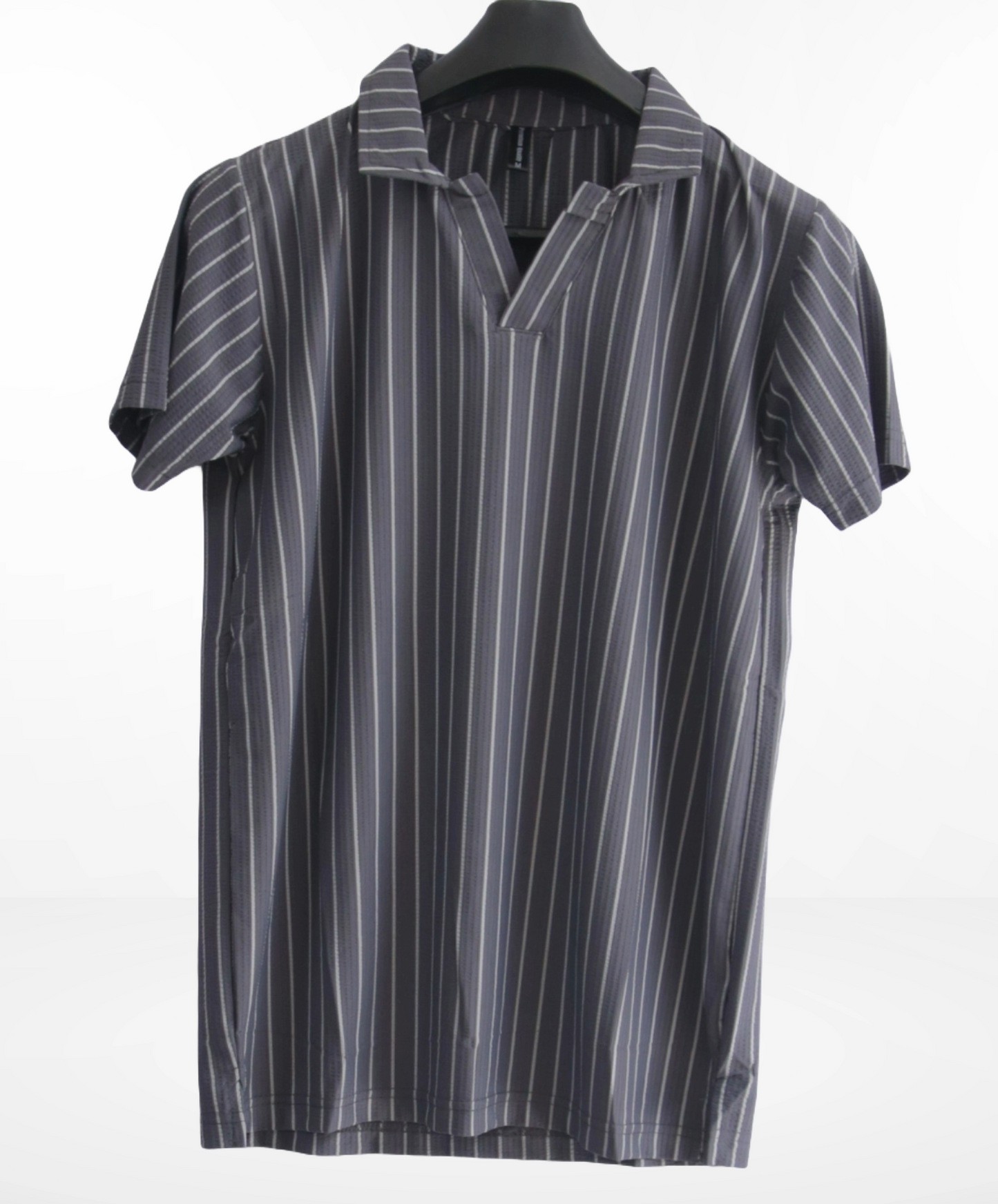 striped polo shirt with a V-neck style collar