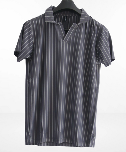 striped polo shirt with a V-neck style collar