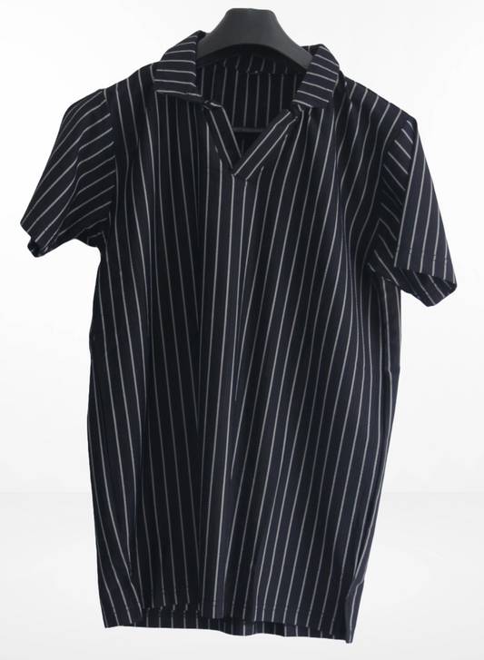 striped polo shirt with a V-neck style collar