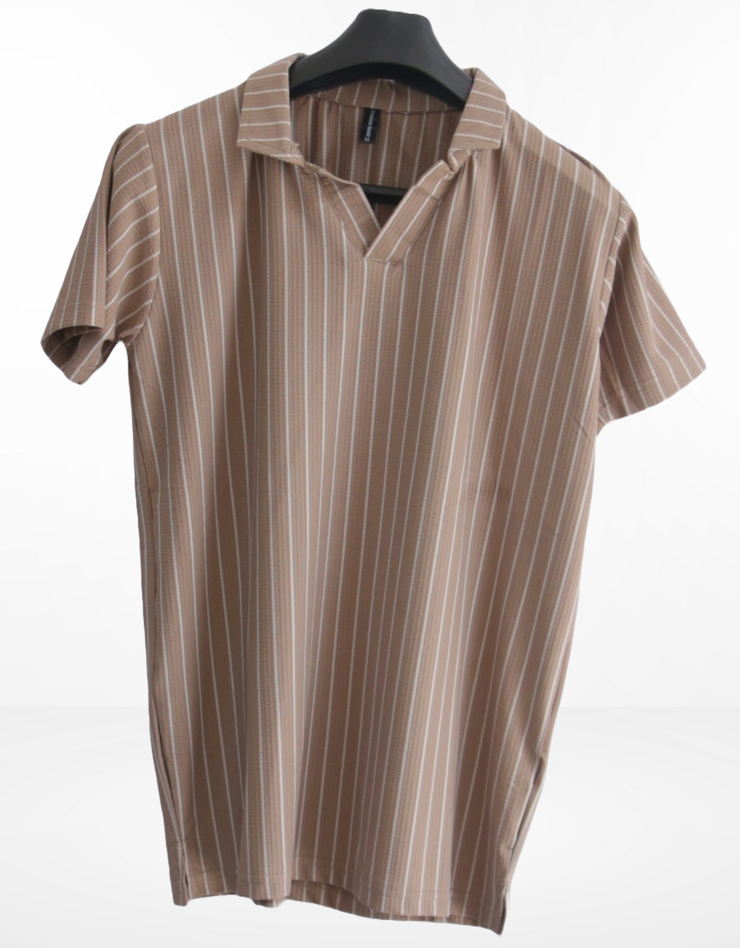 striped polo shirt with a V-neck style collar