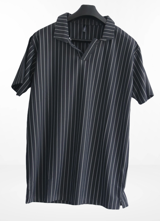 striped polo shirt with a V-neck style collar