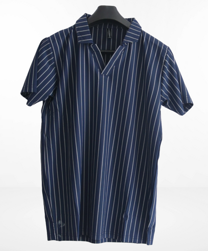 striped polo shirt with a V-neck style collar